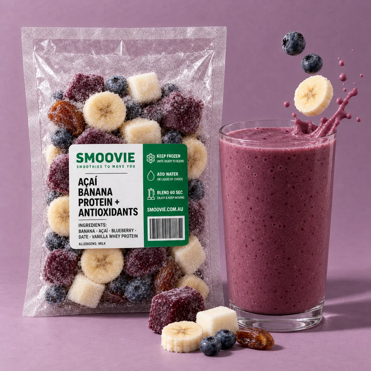 Frozen smoothie pack beside a blended smoothie