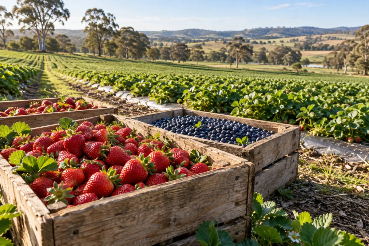 Fresh strawberries and blueberries in harvest crates beside berry crops on an Australian farm
