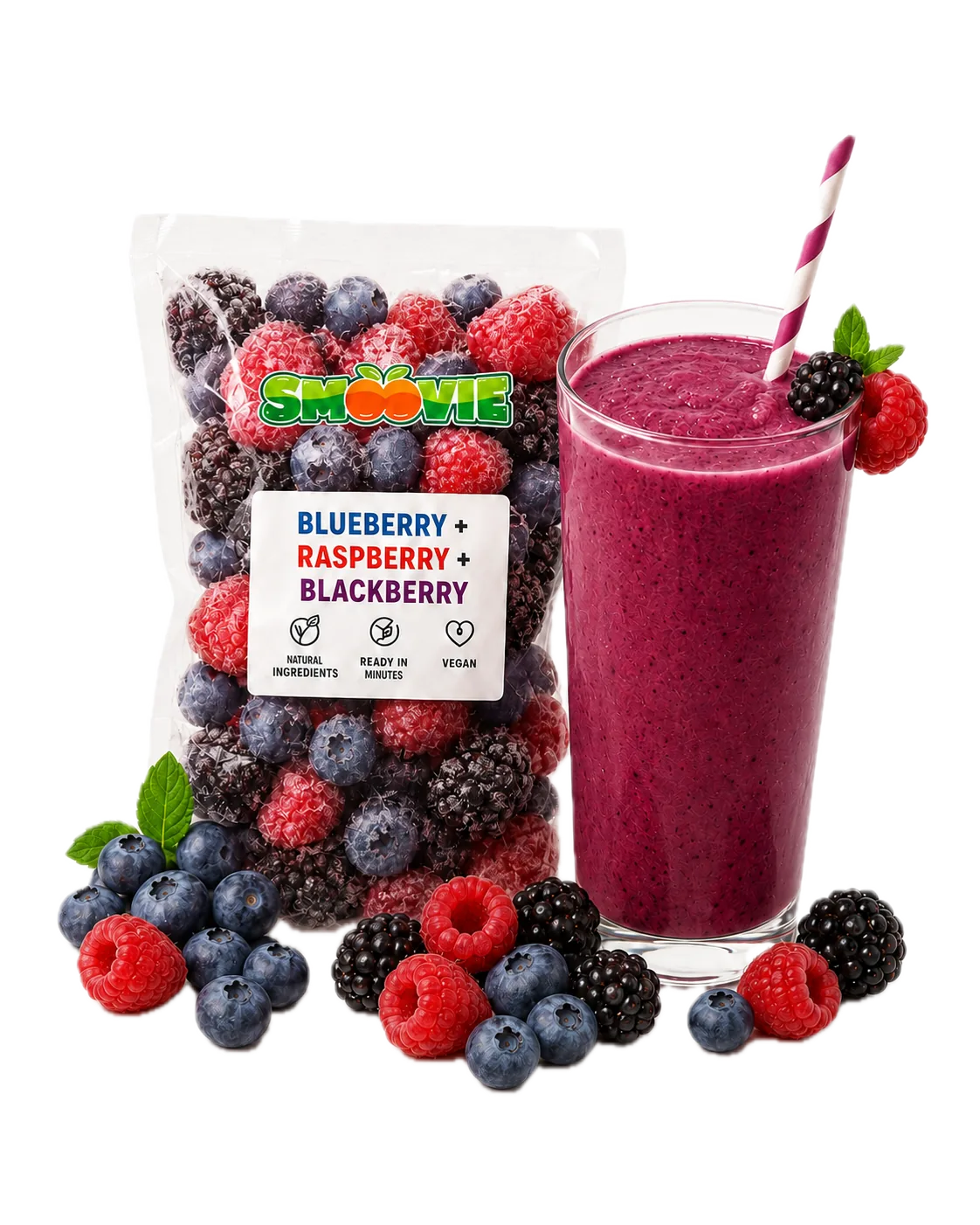 Blueberry, raspberry, and blackberry frozen smoothie pack with a berry smoothie glass.