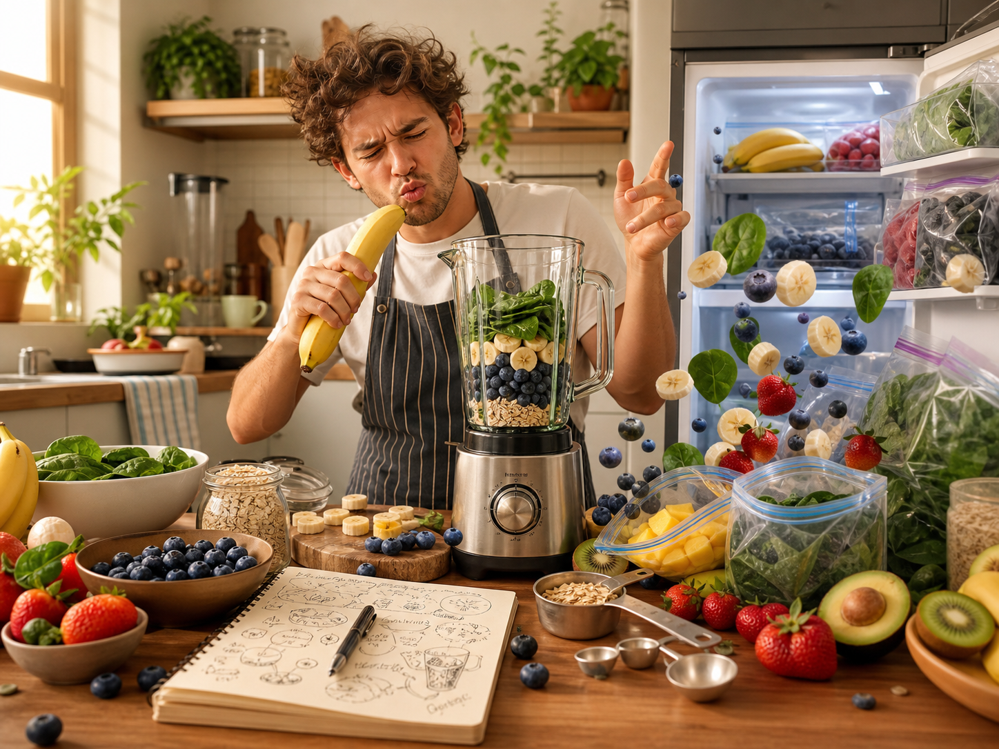 Founder testing smoothie ingredients in a bright kitchen