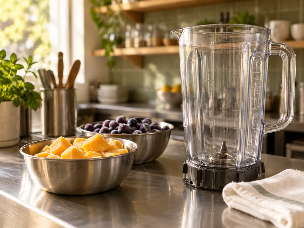 Frozen mango and blueberries beside a blender on a cafe prep bench