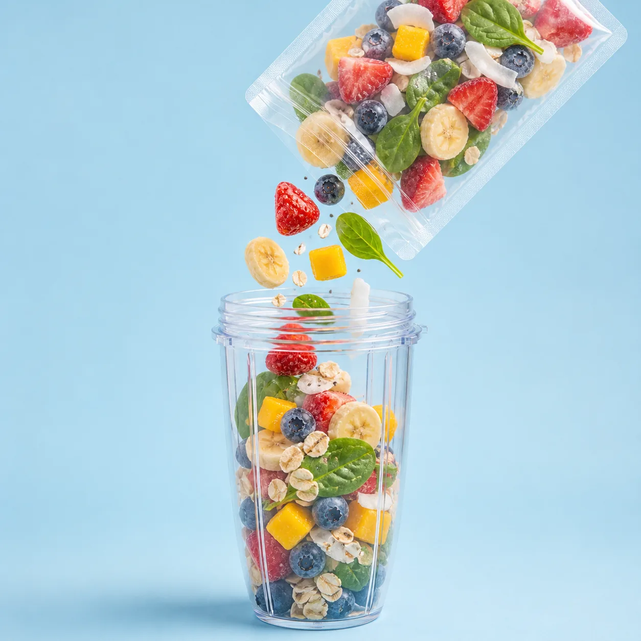 Frozen smoothie pack ingredients falling into a blender cup