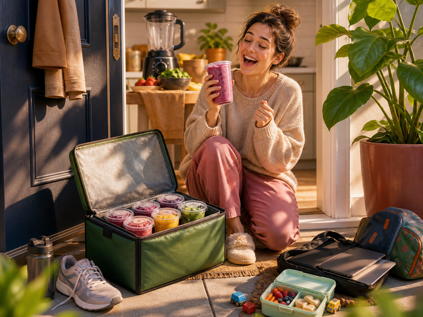 Customer enjoying a smoothie beside a doorstep delivery box