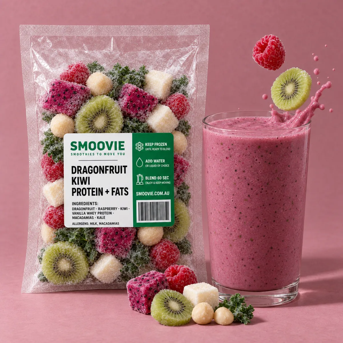 Frozen smoothie pack beside a blended smoothie