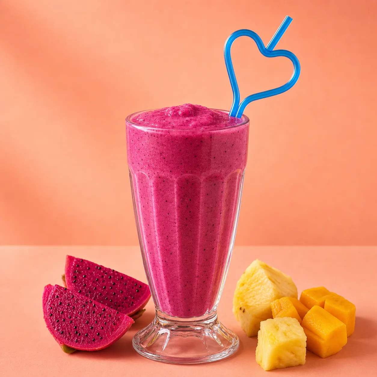 Dragon Power Punch smoothie with dragon fruit, mango, pineapple, and a blue heart straw