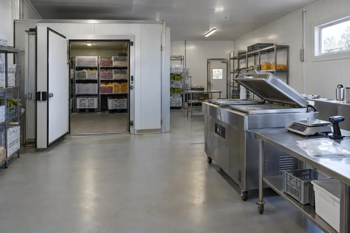 Illustration of a spacious food facility with a walk-in freezer, steel packing benches and an industrial vacuum sealer