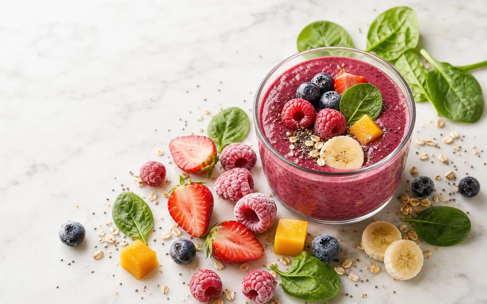 A berry smoothie with fruit, oats and spinach on a light kitchen bench