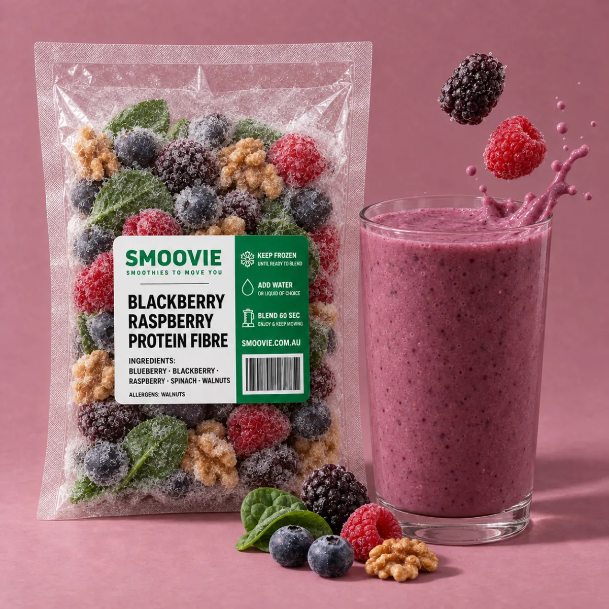Frozen smoothie pack beside a blended smoothie