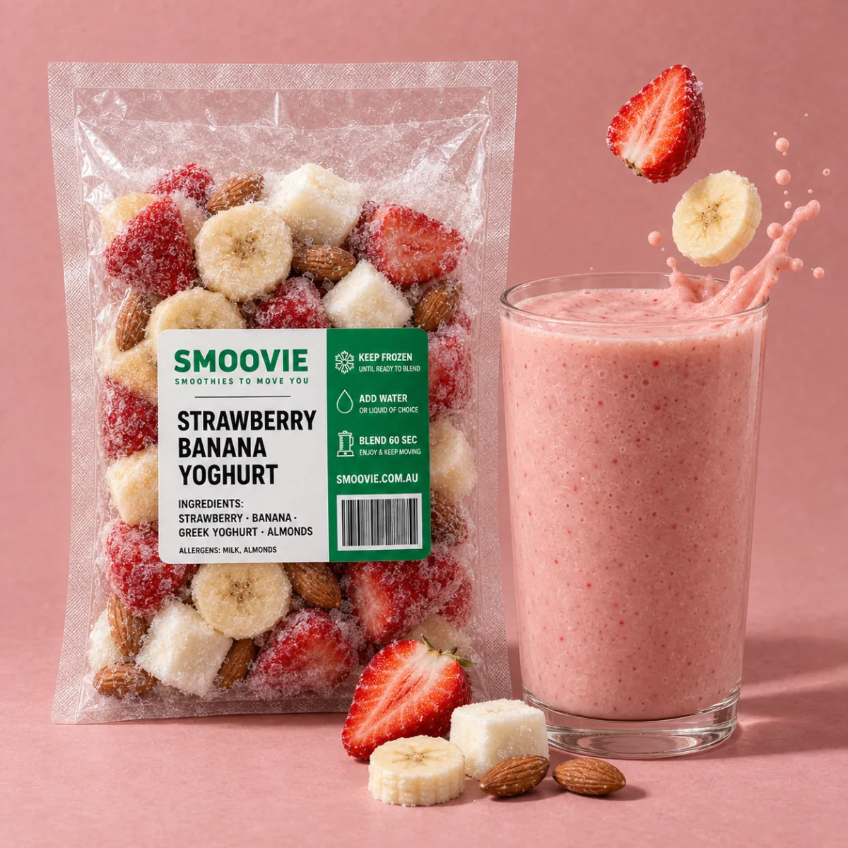 Frozen smoothie pack beside a blended smoothie