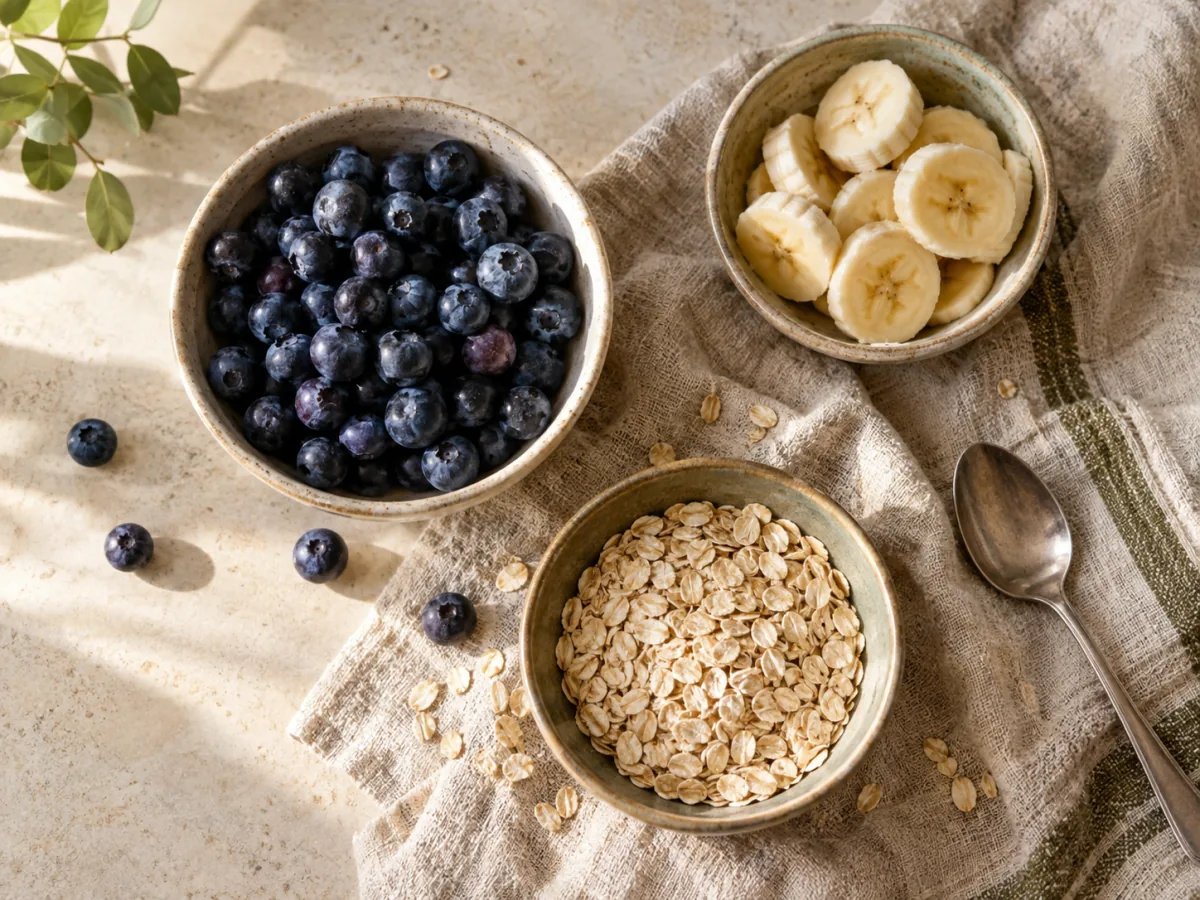 Small dishes of blueberries, banana and oats on a kitchen table