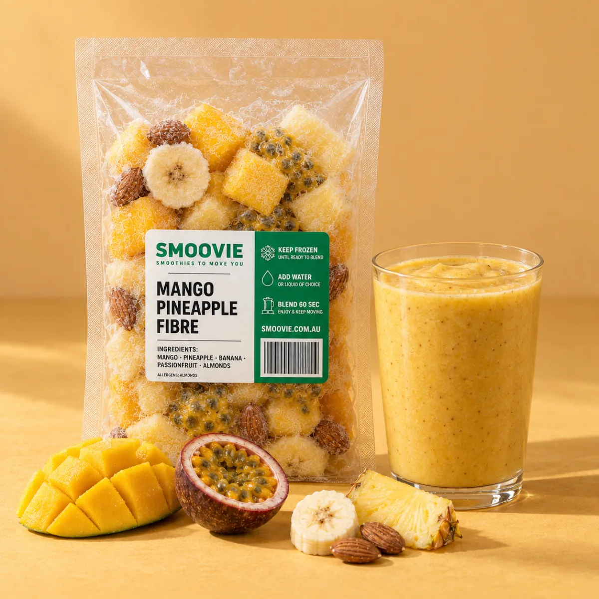 A frozen Mango Pineapple Fibre smoothie pack beside a golden smoothie and whole fruit.