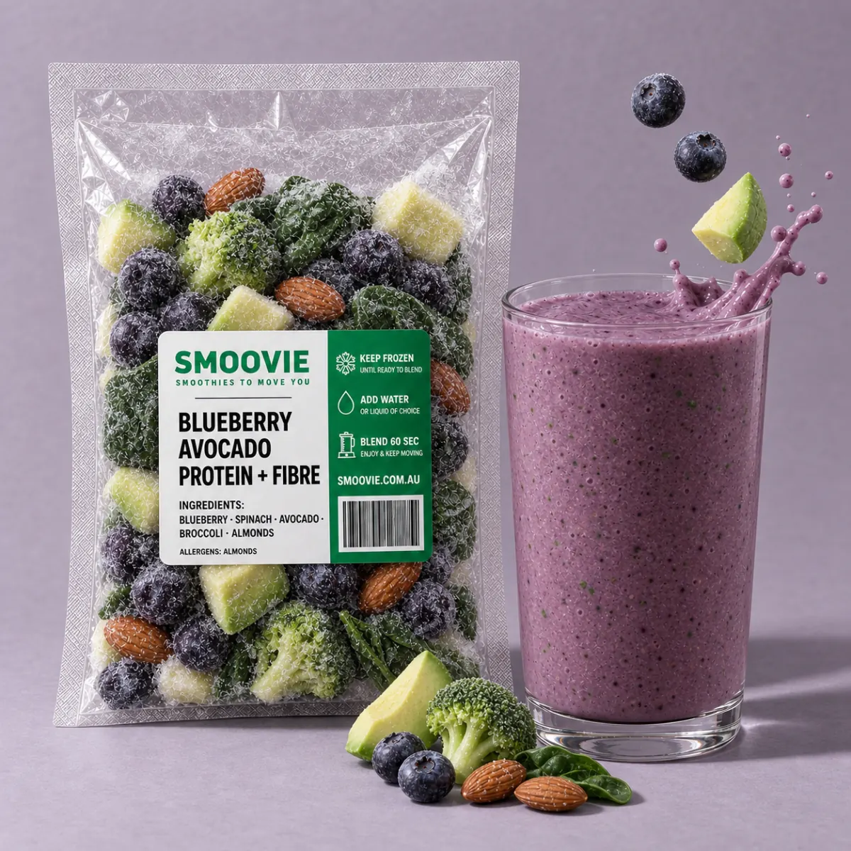 Frozen smoothie pack beside a blended smoothie