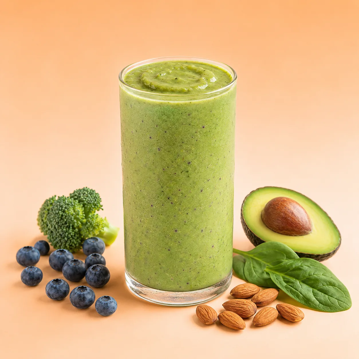 Green Grove smoothie in a glass with blueberries, broccoli, avocado, spinach, and almonds