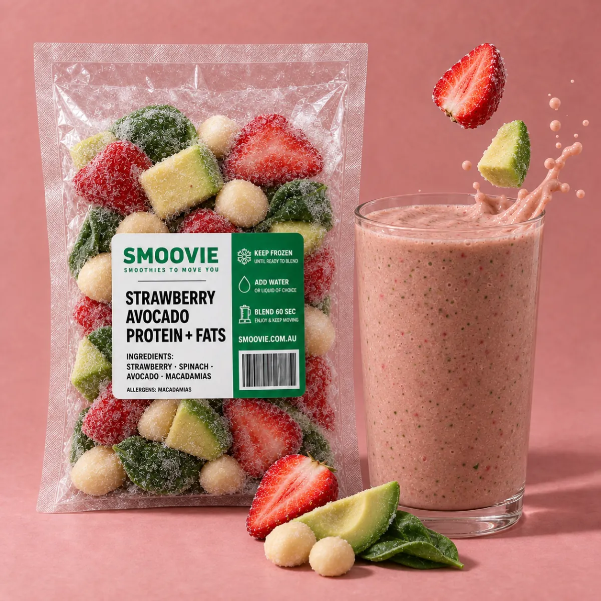 Frozen smoothie pack beside a blended smoothie