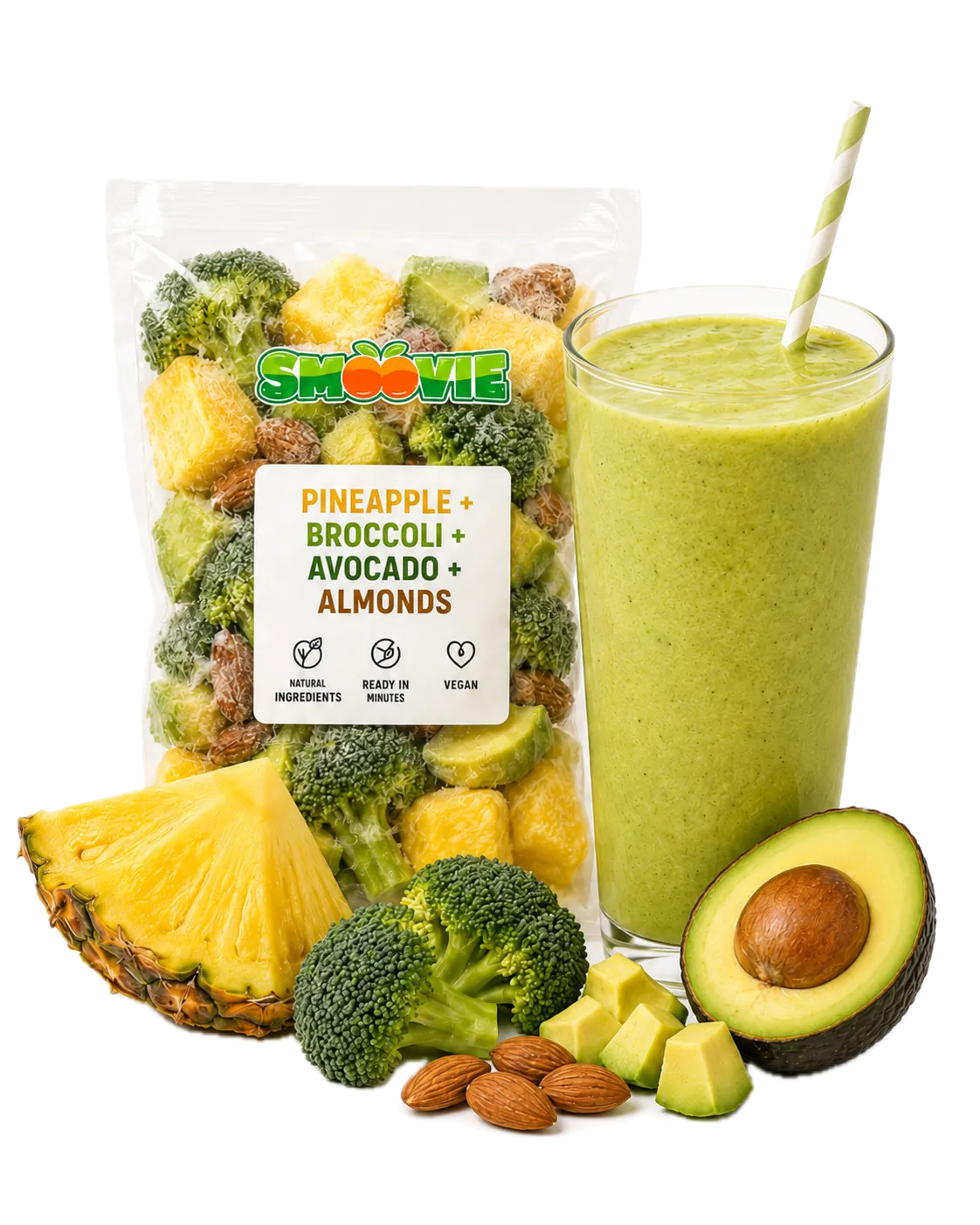 Pineapple, broccoli, avocado, and almonds frozen smoothie pack with a green smoothie glass.