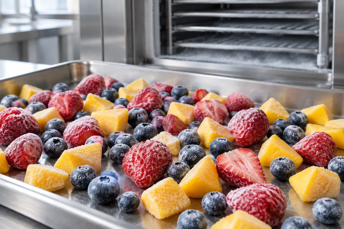 Separate pieces of frozen strawberry, blueberry and mango with fine frost on a steel tray