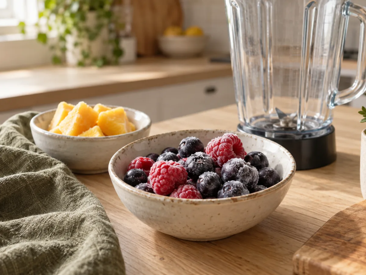 Frozen berries and mango beside a blender in a sunny home kitchen