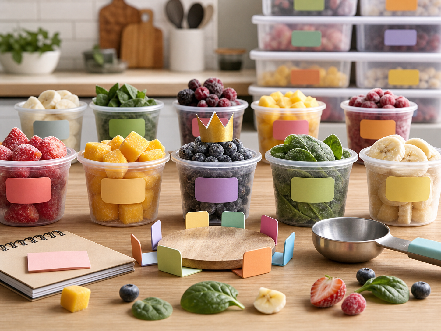 Frozen smoothie portions lined up like a tiny board meeting