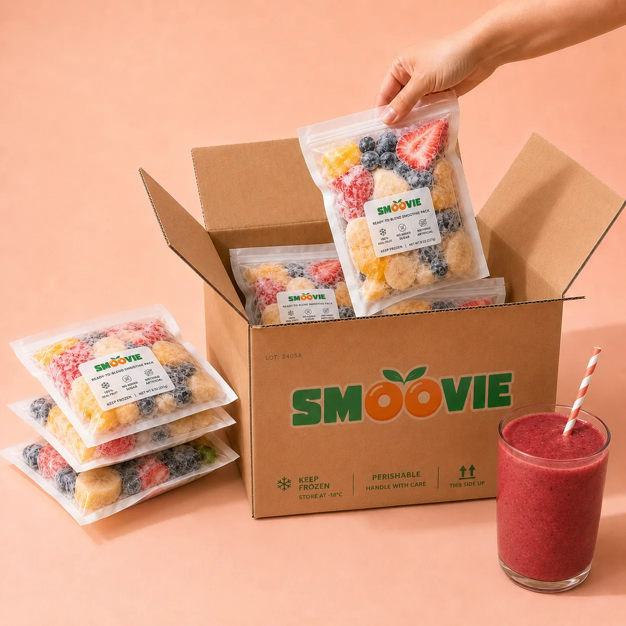 Smoovie smoothie sachets packed in a delivery box
