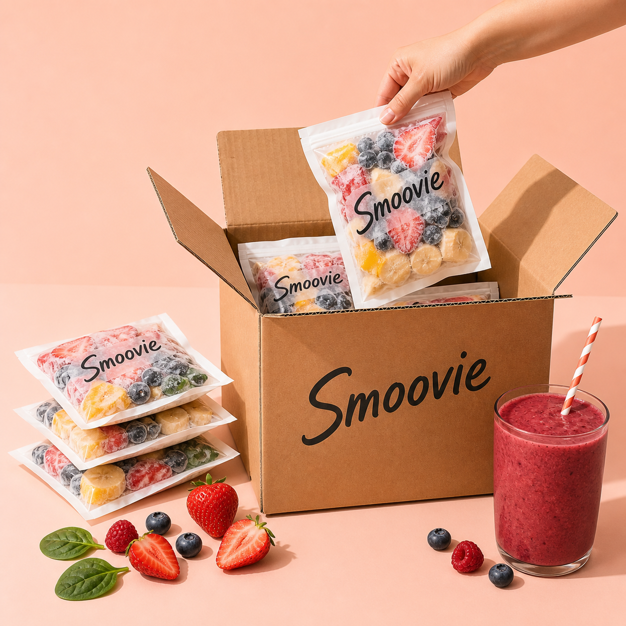 Smoovie smoothie sachets packed in a delivery box