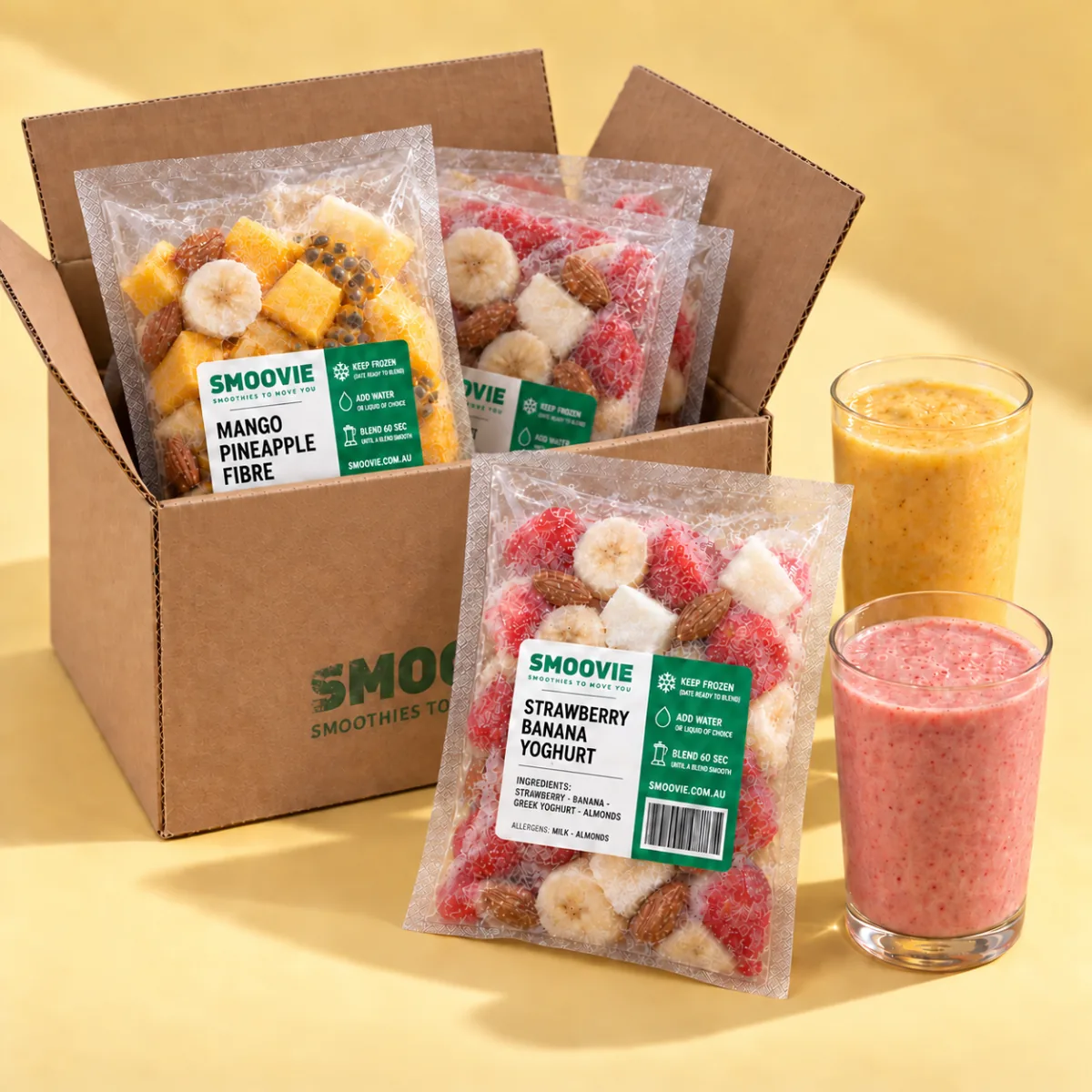 Smoovie smoothie sachets packed in a delivery box