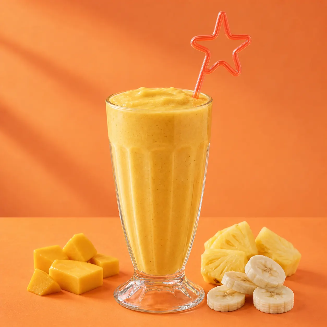 Sunny Mango Crush smoothie with mango, pineapple, banana, and an orange star straw