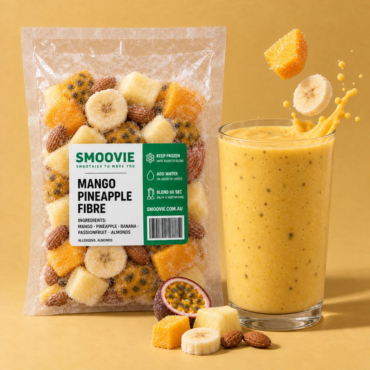 Frozen smoothie pack beside a blended smoothie