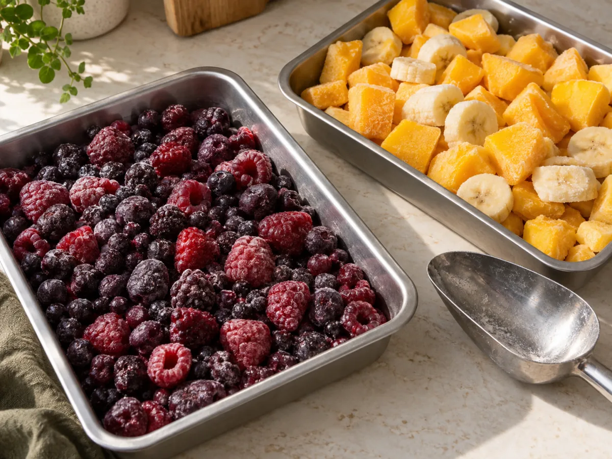 Trays of frozen berries, mango and banana with a steel scoop